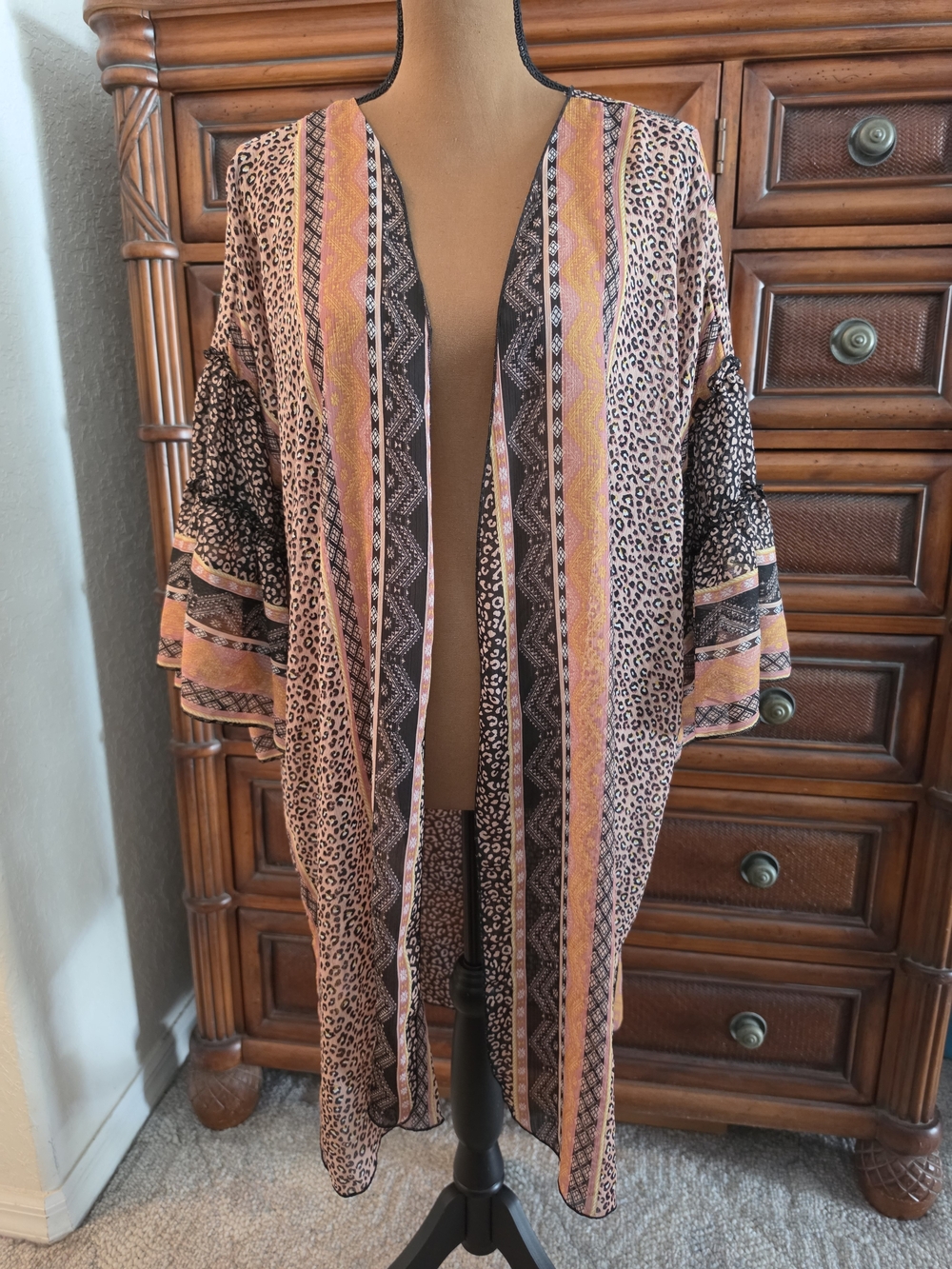 Mixed Print Kimono Cardigan Chiffon Leopard Boho Tiered Bell Sleeve L/XL